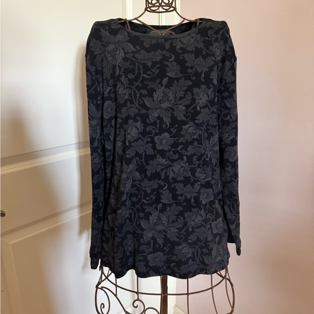 Lauren Ralph Lauren Black Grey Floral Lace Print Long Sleeve Top size 1x